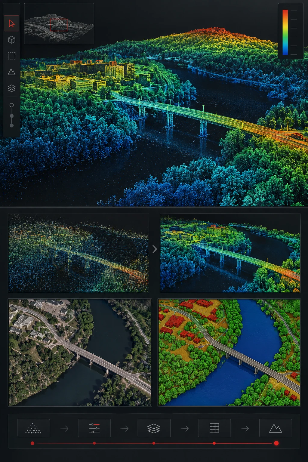 Visualización conceptual del procesamiento LiDAR: optimización de nube de puntos, ortofoto y clasificación