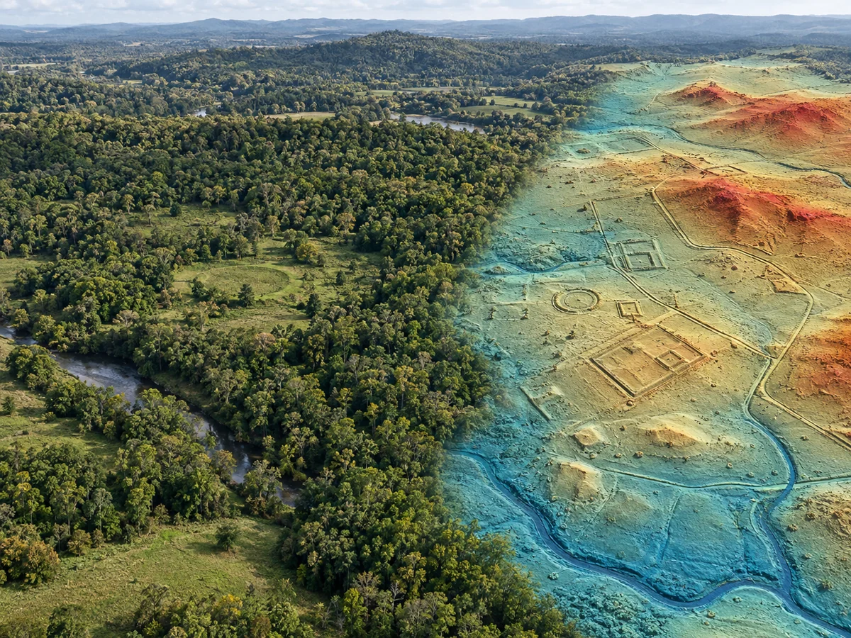 Modelo LiDAR del terreno revelando geometrías arqueológicas bajo la vegetación