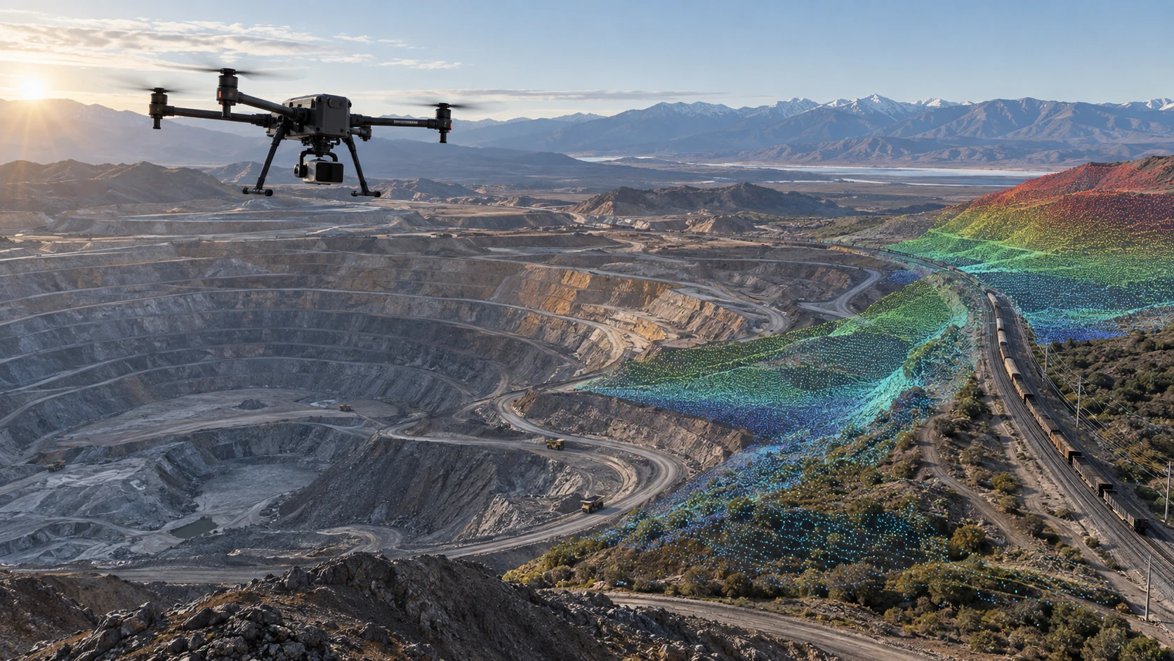 Escena conceptual de relevamiento aéreo LiDAR en minería e infraestructura